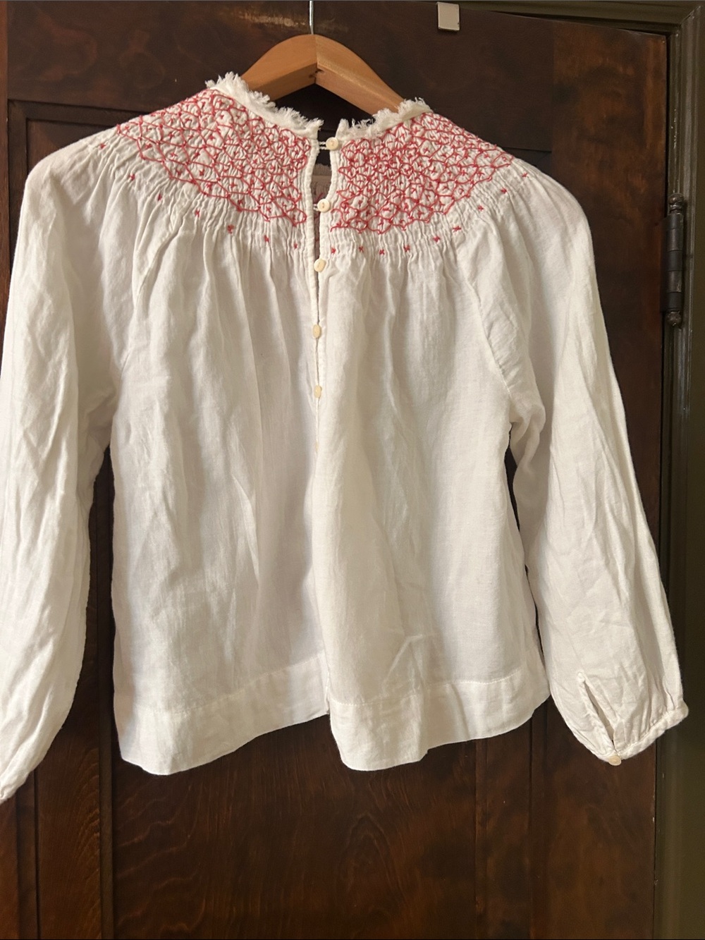 White Long-Sleeve Smocked Peasant Top with Pink Embroidery - Picture 5 of 10